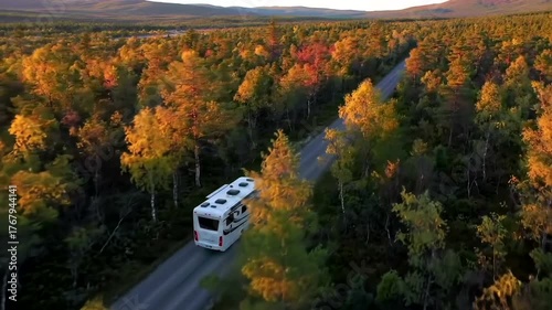 Scenic autumn landscape with RV traveling down a winding forest road
