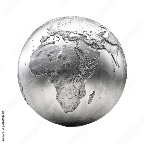 Metallic globe rendering; Africa is prominently displayed. Subtle details and textures on a black background