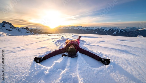 Woman making snow angel in winter landscape at sunset