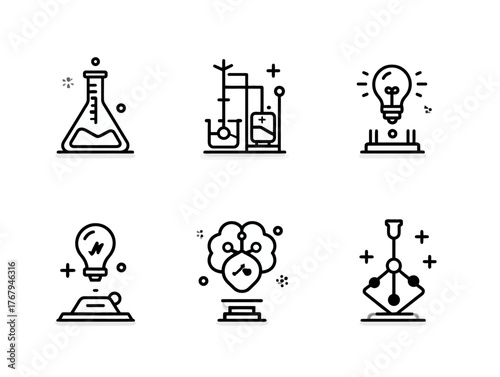 Minimalist Vector Science Laboratory Icon Set with Test Tubes Light Bulb Brain and Molecule Elements in Modern Style