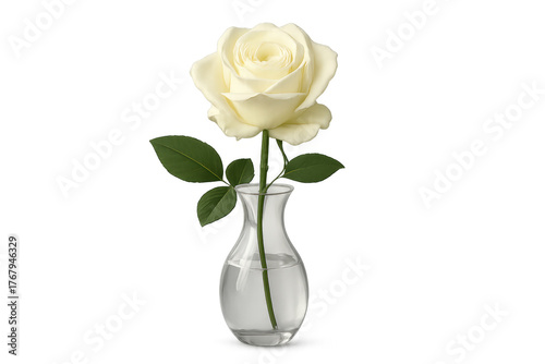 Single white rose in glass vase, transparent background