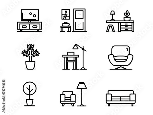 Vector Illustration Set of Modern Interior Furniture and Decor Elements in Minimalist Style for Home Design