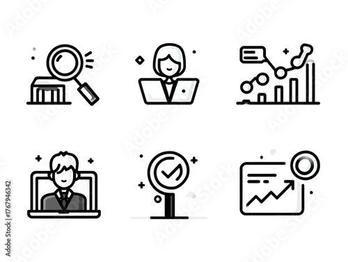 Vector Icon Set of Business and Data Analytics Symbols in Modern Minimalist Style with Black Line Art