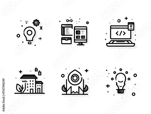 Minimalist Vector Icon Set for Technology and Innovation with Light Bulb and Building Elements