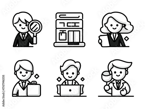 Minimalist Vector Icon Set of Business People and Office Elements in Black and White Style