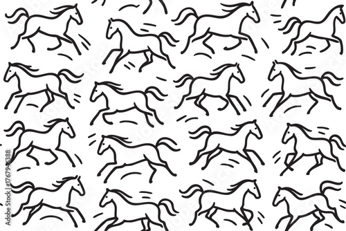 Black outline of galloping horses arranged in a seamless pattern on a white background, capturing the dynamic movement of each horse.