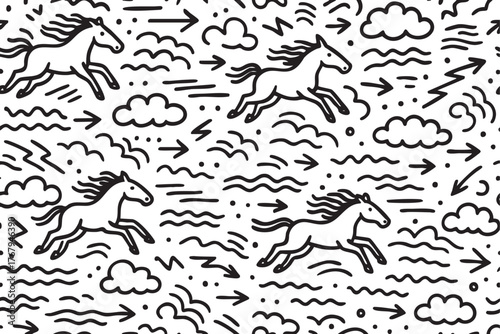Black outline illustration of galloping horses in a seamless pattern with clouds, arrows, and abstract shapes, depicting movement and freedom.