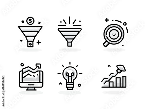 Vector Icon Set of Business Data Analytics and Growth Symbols in Modern Minimalist Style with Black White Color Scheme