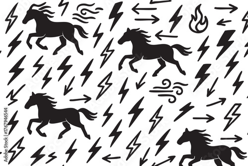 Seamless black and white pattern featuring galloping horses, lightning bolts, arrows, and wind symbols for dynamic and energetic design.