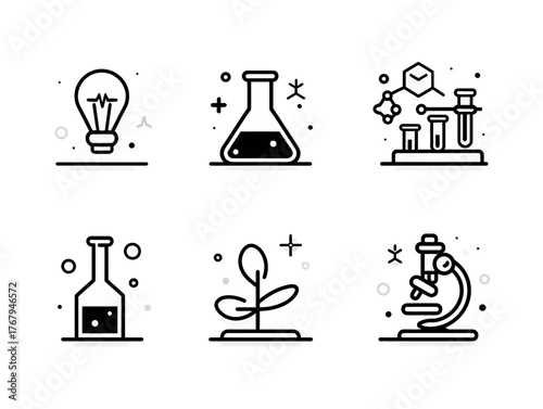 Vector Icon Set Scientific Laboratory and Plant Growth in Modern Minimalist Style with Black and White Color Scheme