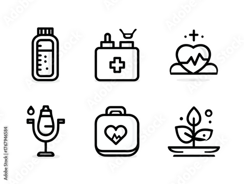 Vector Medical Icons Set Featuring Heartbeat Leaf Bottle and Medical Equipment in Minimalist Style