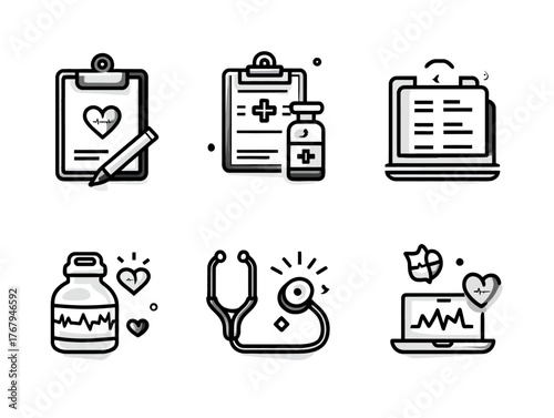 Vector Medical Icons Set with Heartbeat Symbols and Healthcare Equipment in Minimalist Line Art Style