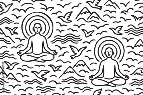 Seamless black and white pattern featuring meditating figures, birds, mountains, and waves, symbolizing peace and harmony in nature.