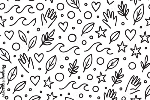 Black and white doodle pattern featuring a variety of shapes including stars, hearts, hands, leaves, swirls, and circles in a seamless design.