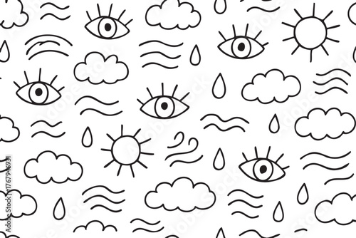 Black outline doodle pattern of eyes, clouds, suns, raindrops, and wavy lines on a white background, portraying weather and observation concepts.