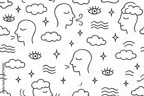 Seamless pattern featuring simple line art of human faces, clouds, eyes, stars, and wavy lines, conveying elements of weather and observation.