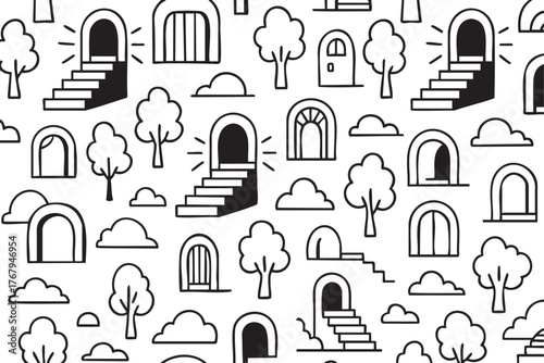 Seamless pattern featuring black outline icons of stairways, arched doorways, trees, and clouds on a white background.