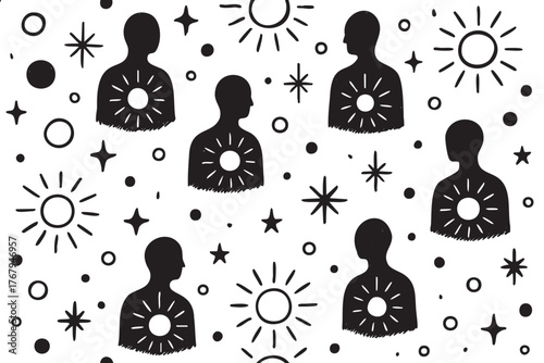 Black silhouettes of individuals with circular sunburst patterns on their chests, surrounded by various celestial symbols including stars and circles.