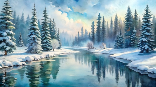 Serene winter landscape with snow covered pine trees lining a calm river reflecting the sky