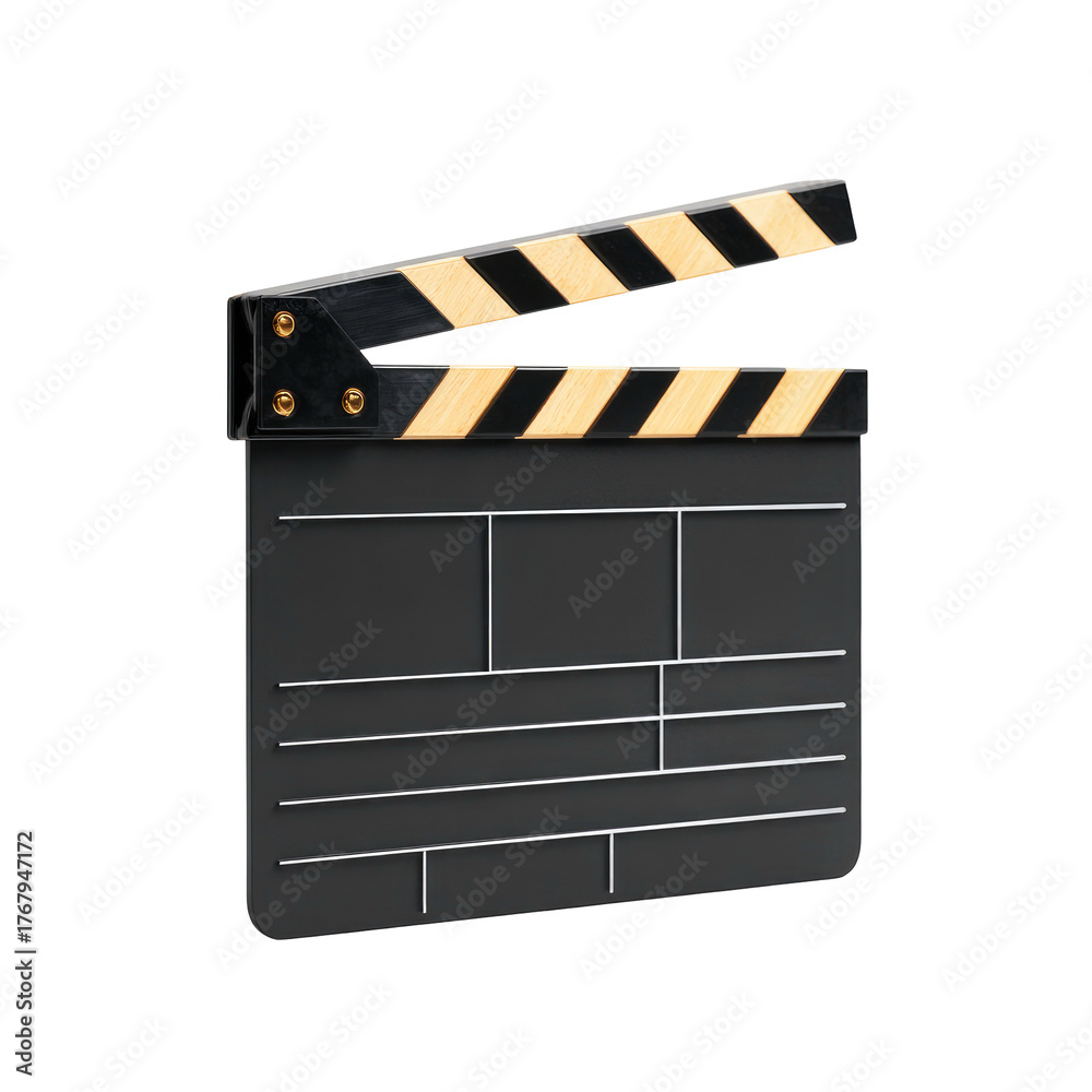 Fototapeta premium A 3D render of a film clapperboard is presented against a black background, featuring black and yellow stripes