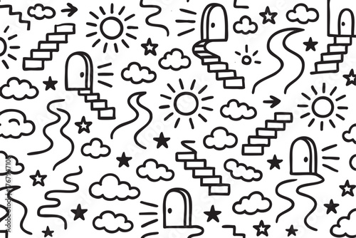 Seamless black and white pattern featuring spiral stairs, doors, clouds, suns, stars, and wavy lines for a whimsical, dreamlike theme.