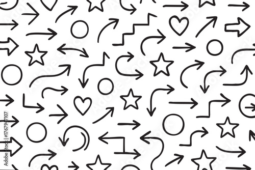 Black outline sketches of arrows, stars, hearts, and circles scattered randomly on a white background.