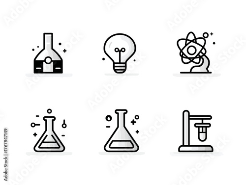 Minimalist Scientific Laboratory Vector Icon Set with Beakers Test Tubes and Light Bulb Design Style in Monochrome Colors