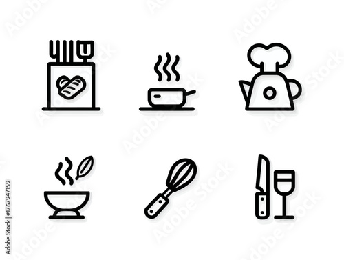Minimalist Vector Icon Set for Cooking and Kitchen Food Preparation in Black Line Style