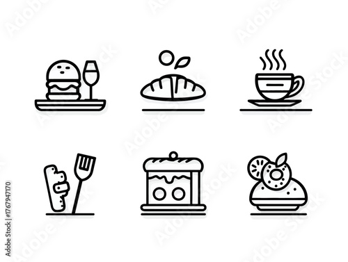 Minimalist Food Icon Set Vector Collection Featuring Sandwich Croissant Cupcake and Burger in Modern Line Style for Culinary Branding and Digital Use