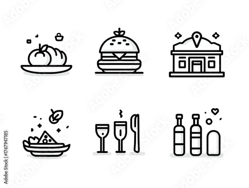 Minimalist Vector Icon Set Featuring Food Beverage and Location Elements in Monochrome Style