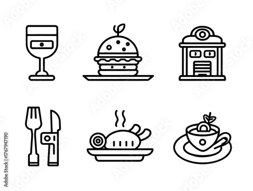 Minimalist Vector Food Icons Collection Featuring Drink Dessert and Main Course Elements in Line Art Style for Restaurant Branding and Menu Design