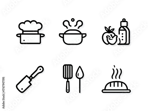 Minimalist Vector Icon Set for Cooking and Kitchen Food Preparation in Modern Line Art Style with Black and White Colors