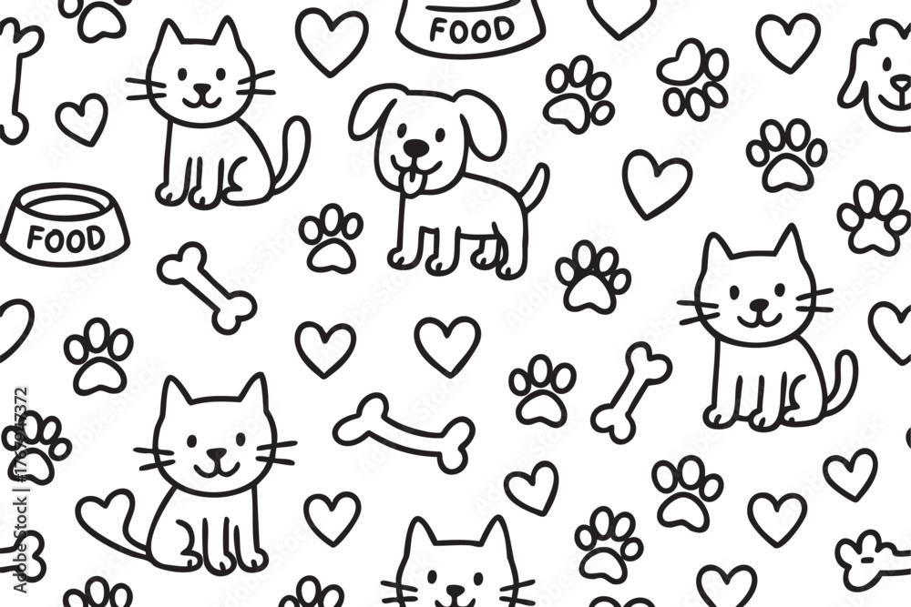 Fototapeta premium Black outline pattern featuring a cute dog and multiple cats with hearts, paw prints, bones, and food bowls on a white background.