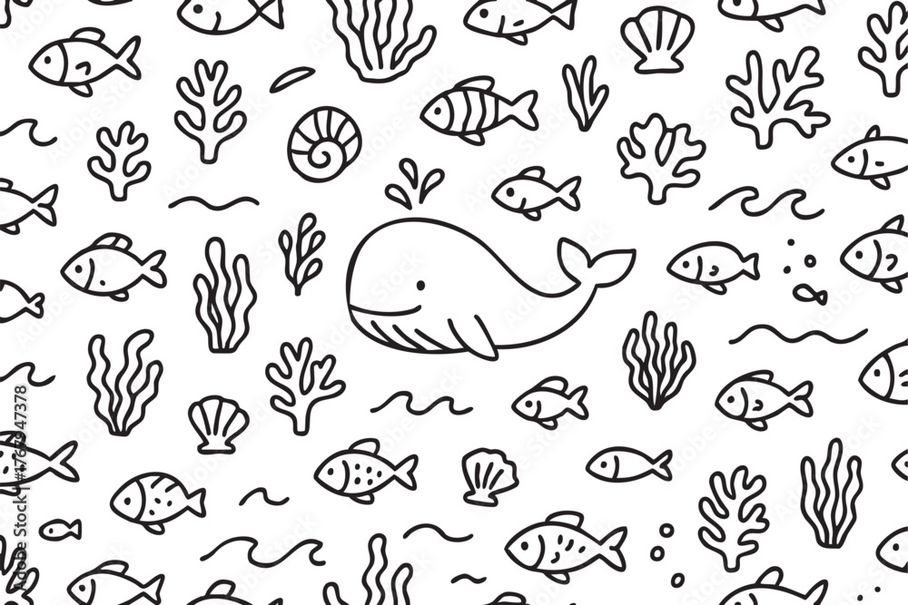 Fototapeta premium Black outline vector pattern featuring various marine life, including a whale, fish, seashells, and coral. ideal for aquatic, ocean, and marine-themed designs.