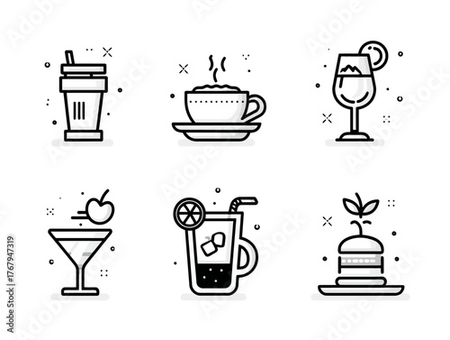 Vector Illustration Set of Drink and Beverage Icons in Minimalist Line Art Style with Black White Color Scheme