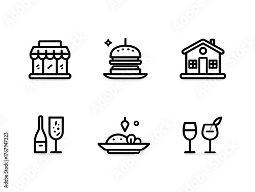 Minimalist Vector Icon Set Featuring Food and Beverage Elements in Contemporary Style