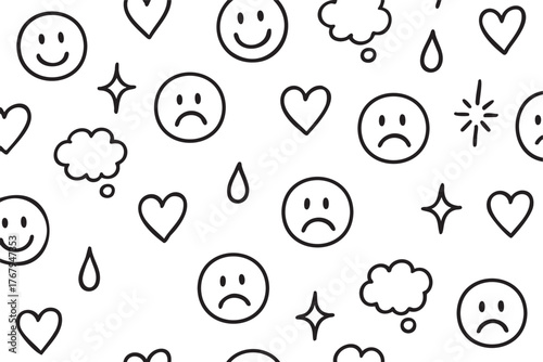Black outline seamless pattern featuring various emoticons, including smiling and frowning faces, hearts, stars, and thought clouds.