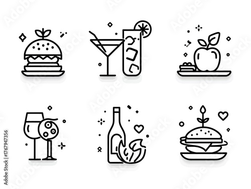 Minimalist Vector Icon Set with Food and Drink Elements in Black Line Art Style
