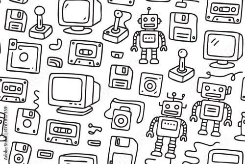 Black and white hand-drawn illustrations of retro technology icons, including robots, monitors, floppy disks, and joysticks in a seamless pattern.