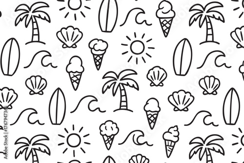 Black and white seamless pattern featuring palm trees, ice cream cones, surfboards, sun symbols, waves, and seashells for a tropical and summery theme.