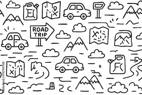 Black outline seamless pattern featuring cars, maps, and road trip signs, illustrating a travel and adventure theme.