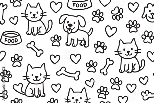 Black outline pattern featuring a cute dog and multiple cats with hearts, paw prints, bones, and food bowls on a white background.