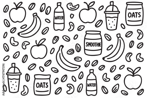 Black outline icons of apples, bananas, smoothie cups, water bottles, oats jars, and cashews on a white background, illustrating healthy snack and drink options.
