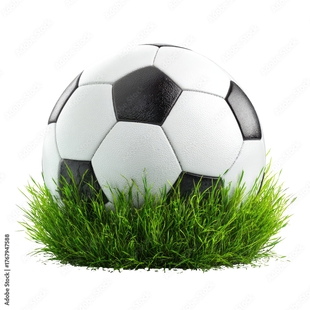 Obraz premium Soccer ball on green grass. Round white ball with black pattern. Dark background. Upward view