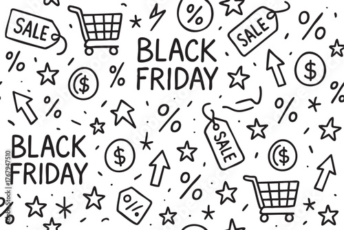 Black and white seamless pattern with shopping icons including carts, sale tags, percent signs, and the text "black friday.