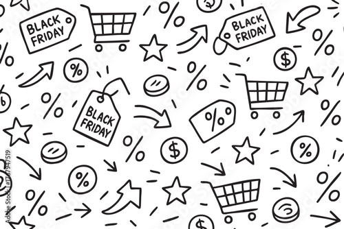 Black outline doodle pattern featuring shopping carts, price tags with "black friday" text, and various sale-related symbols like arrows and percentage signs.