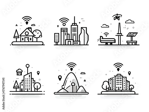 Vector Pattern of Modern Cityscape and Nature Scenes with Connectivity Elements in Minimalist Style