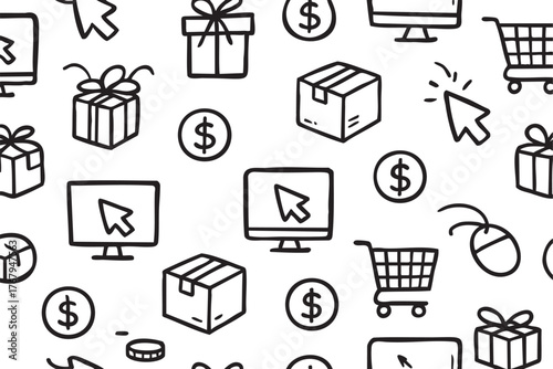 Hand-drawn black outline pattern featuring shopping carts, gift boxes, computer monitors, and currency symbols on a white background.