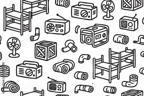 Black outline vector pattern featuring various simple electronic appliances and furniture items like radios, fans, and shelves in a repetitive design.