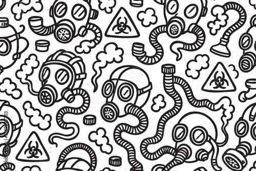 Black and white seamless pattern featuring various gas masks, biohazard symbols, and smoke clouds illustrating a theme of protection and danger.